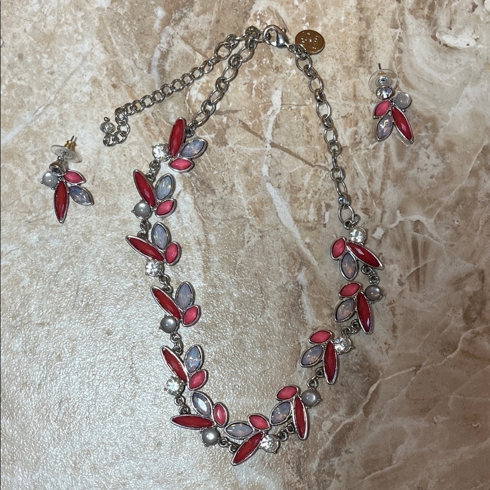 White House Black Market Pink and Silver Statement Necklace & Earrings Set